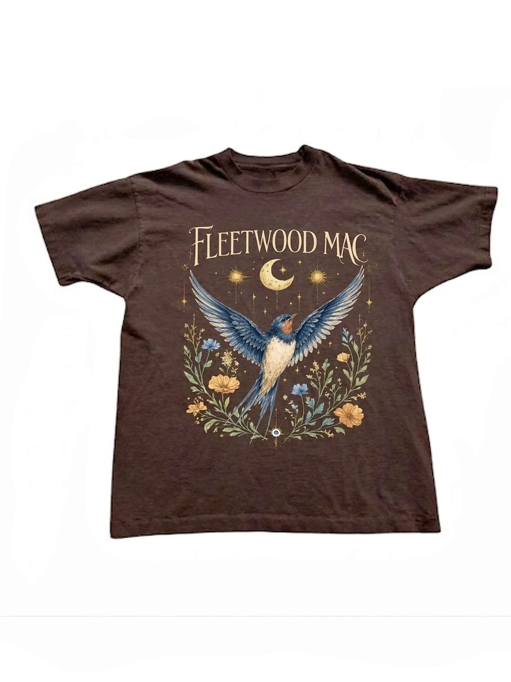 Gildan Fleetwood Mac Celestial Swallow Floral Moon Graphic T-Shirt Brown